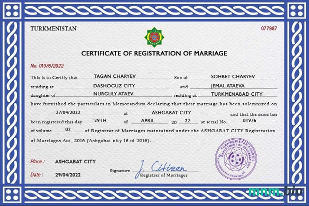 Turkmenistan akt małżeństwa PSD szablon